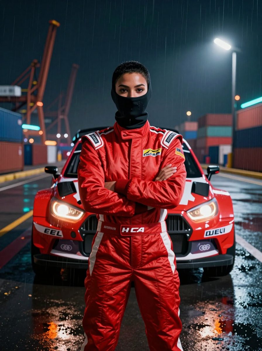 Tess Okonjo, pembalap reli berkulit gelap dengan rambut cepak dan balaclava di leher, berdiri di depan mobil reli merah di bawah lampu sodium.